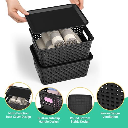 8-Pack Black Plastic Storage Baskets with Lids, Label Organizers, Stackable Organizer Containers: For Organizing Shelves, Drawers, Desk Closets, Playrooms, Classrooms, Offices - color: Black