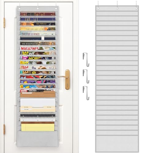 Over The Door File Organizer with 26 Large Pockets, Office Hanging Magazine Holder, 600D Oxford Fabric Tear-Resistant Door Organizer for Mail Paper Documents,Magazine Rack for Office Home School(Gray) - color: Gray