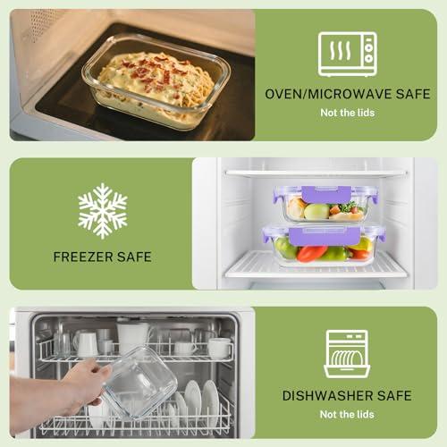 HOMBERKING 8 Pack Glass Food Storage Containers with Lids, Meal Prep Containers, Airtight Bento Boxes with Leak Proof Locking for Microwave, Oven, Freezer and Dishwasher, BPA Free, 5-35oz, purple - color: Purple