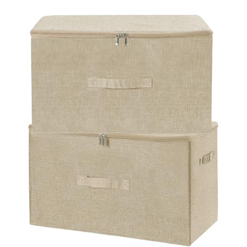ANMINY 2PCS Storage Bins with Zipper Lids 51.9 Qt Lidded Fabric Storage Boxes Baskets Cubes with Handles Collapsible Washable Cotton Linen Closet Shelf Clothes Organizer - Beige, Extra Large - color: Beige, size: Extra Large (Pack of 2)