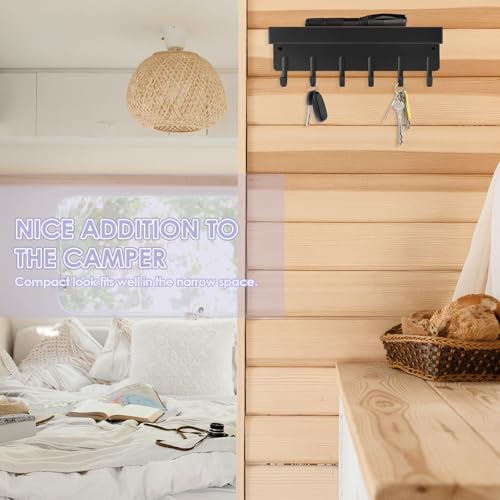 VIS'V Key Holder Wall Mount, Compact Adhesive Key Rack with Tray, 6 Hooks, 2 Mount Options, Black - color: Black