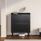 Fluted Shoe Cabinet with 2 Flip Drawers - Shoe Cabinet Storage for Entryway, 31.5" Wide Black Narrow Slim Shoe Rack with 2-Tier Adjustable Shelves for Hallway