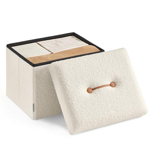 SONGMICS Small Folding Storage Ottoman, Foot Rest Stool, 12.2 x 16.1 x 12.2 Inches, Ottoman with Storage, Load up to 286 lb, for Living Room, Bedroom, Dorm, Cream White ULSF094W01 - color: Cream White, style: Teddy Fleece