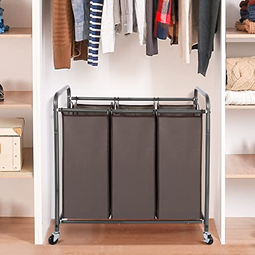 STO STO Laundry Sorter 3 Section, 3 Bag Clothes Hamper, Rolling Laundry Cart Basket with Heavy Duty Lockable Wheels and Removable Bag for Laundry Room, Bedroom, Closet, Brown - color: Brown, size: 3-Section