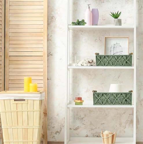 HOSROOME Macrame Boho Decor Baskets for Organizing Woven Decorative Basket for Countertop Toilet Paper Basket for Tank Top for Home Decor Bedroom Nursery Livingroom Entryway (Set of 2,Green) - color: green