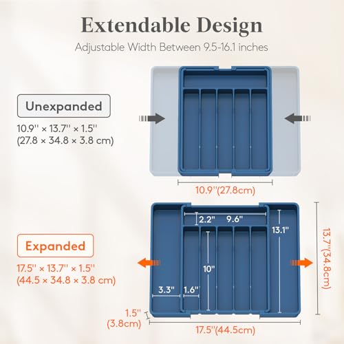 Lifewit Silverware Drawer Organizer, Expandable Utensil Tray for Kitchen, BPA Free Flatware and Cutlery Holder, Adjustable Plastic Storage for Spoons Forks Knives, 10.9"-17.5" x 13.7", Dark Blue - color: Dark Blue, size: Large (11-18''W x 14''D)