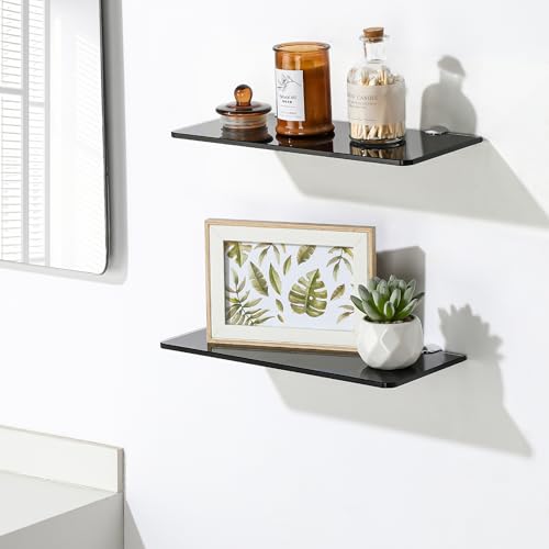 SAYAYO Glass Floating Shelves for Wall, Tempered Glass Shelves for Bathroom, Living Room, Bedroom, Office, Toilet, Kitchen Decor, 12 Inch Set of 2, Black - color: Black, size: 2 PCS