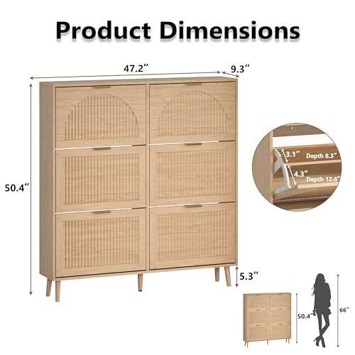 BORNOON Shoe Cabinet for Entryway with 6 Flip Drawers, Slim Wooden Shoe Storage Organizer with Modern Fluted Pannel，Freestanding Narrow Hidden Shoe Rack for Hallway, Foyer, Living Room - color: Oak, size: 6 Flip Drawers