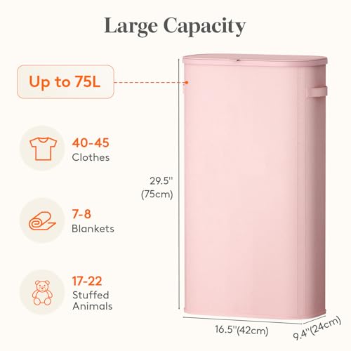 Lifewit Slim Laundry Basket with Lid, Narrow Large Laundry Hamper with Plastic Handles and Removable Bag, Tall Foldable Dirty Clothes Hampers for Laundry Room, Bedroom, Bathroom, Dorm, 75L Pink - color: Pink, size: 75L