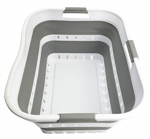 SAMMART 42L (11 gallon) Collapsible Plastic Laundry Basket - Foldable Pop Up Storage Container/Organizer - Space Saving Hamper/Basket (1, Grey/White) - color: Grey/White