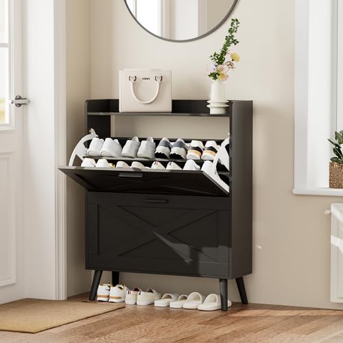 Homleke 32" W Farmhouse Shoe Storage Cabinet with 2 Flip Drawers and Barn Door Design, Adjustable Shelves, Modern Hidden Slim Narrow Shoe Rack Cabinet for Entryway, Foyer, Hallway, Living Room, Black