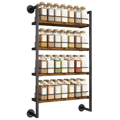 IBUYKE Spice Rack Wall Mount,4 Tier Hanging Seasoning Organizer,Large Spice Rack for Wall for up to 50 Jars,Spice Organization for Kitchen Cabinet,Bathroom,Pantry,Living Room,Brown TLJ016H - color: Rustic Brown