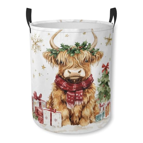Christmas Highland Cow Laundry Basket Cute Animal Foldable Laundry Hamper with Handles Clothes Storage Bin for Household Bedroom Bathroom Dorms 17.3"x13.6" - color: Christmas Highland Cow