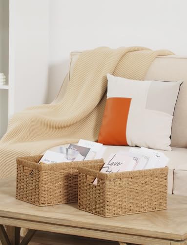 StorageWorks Round Paper Rope Storage Baskets, Rectangular Wicker Baskets with Built-in Handles, Medium, 13 ¼ x 8 ½ x 7 ¼ inches, 2-Pack - color: Light Brown (Paper Rope), size: 2x 13¼"L x 8¼"W x 7"H