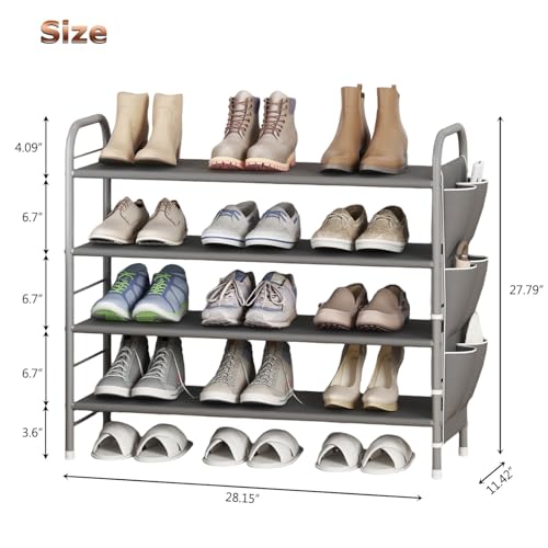 SUOERNUO 4 Tier Free Standing Metal Shoe Rack With Side Bag - Compact Shoe Organizer for Entryway Closet Bedroom, Grey - color: Grey, size: 4 Tier