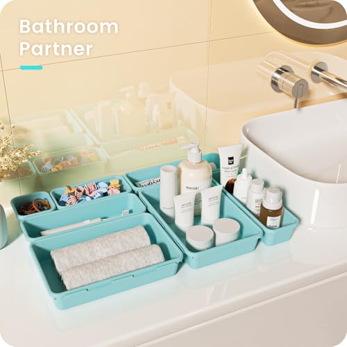 A-LuGei 【𝟮𝟴𝗣𝗖𝗦】 【𝟱𝗦𝗶𝘇𝗲】 BlueGreen Drawer Organizer, Makeup organizer, 【Holds 177 Items】 Bathroom Organizers and Storage, Plastic Desk Organizer Divider, Organizer Bins for Office Vanity - color: Light Blue