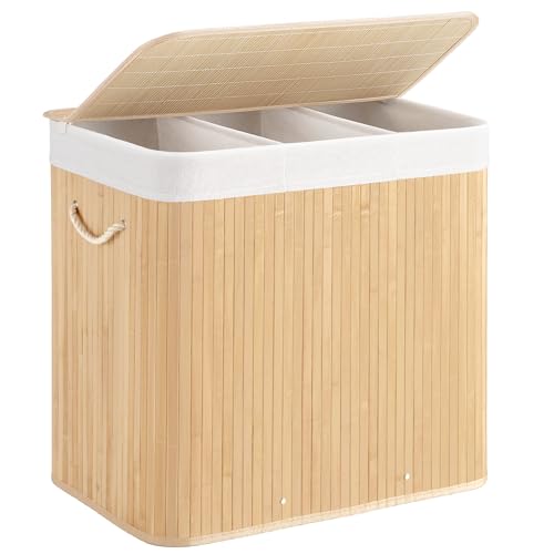 Aliphon 150L Laundry Hamper with lid, 3-Section Clothes Laundry Basket with Handles, Large Collapsible Bamboo Baskets for Bedroom, Bathroom, Dorm, Natural Beige - color: Natural Beige, size: 150L