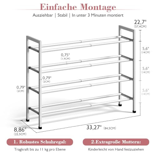 Bumusty 4-Tier Expandable Shoe Rack for Closet, 18“-33” Adjustable Shoe Rack for Small Space, Small Shoe Organizer for Front Door, Sturdy Metal, White - color: White, size: 4-Tier