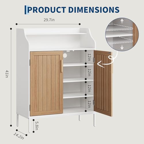 Patikuin Shoe Storage Cabinet for Entryway, 5-Tier White Shoes Cabinet w/Doors and 3 Adjustable Shelves, 41" Tall Wood Shoe Rack for Closet, Modern Shoes Organizer for Entryway, Hallway, Living Room - color: White + Brown