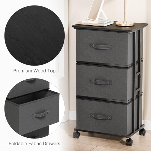DUMOS 3 Drawers Dresser for Bedroom with Wheels, Fabric Storage Cabinet Organizer with Removable Fabric Bins, Sturdy Steel Frame for Living Room, Office, Entryway, Closets, Grey - color: Grey, size: 11.8"D x 16.7"W x 30.1"H (3 Drawers)