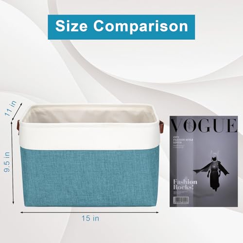 Bagnizer Storage Bins Large Fabric Storage Baskets for Shelves 3 Pack, Decorative Linen Closet Baskets with Handles for Organizing, Shelf, Clothes, Home, Office, 15x11x9.5Inches (Teal&White) - color: Teal / Off-White, size: Large -15"x11"x9.5"