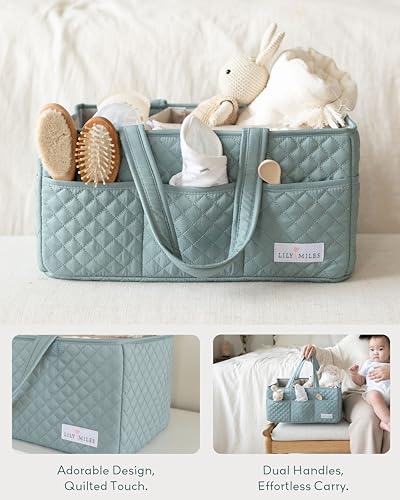 Lily Miles Baby Diaper Caddy Organizer, Quilted Nursery Storage Basket for Newborn Essentials and Diaper Changing Station, Gift for Baby Shower and Registry Must-Have (Willow Green) - color: Willow Green