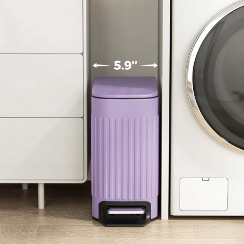 TrashAid Slim Bathroom Trash Can with Lid Soft Close, 6 Liter/1.6 Gallon Stainless Steel Small Garbage Can with Removable Inner Bucket, Step Pedal, Slim Wastebasket for Toilet, Office, Bedroom, Purple - color: Purple