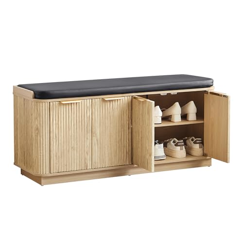 Fluted 2-Tier Entryway Shoe Bench with Doors and Adjustable Shelf, 43.3'' Wide Shoe Storage Bench with Cushion Seat for Entrance, Hallway, Living Room, End of Bed - Natural - size: Door-natural