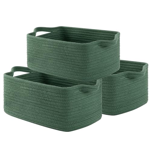 OIAHOMY Cotton Rope Woven Baskets for Storage, Nursery Rectangle Storage Basket with Handles for Shelves, Pack of 3, Green - color: Green
