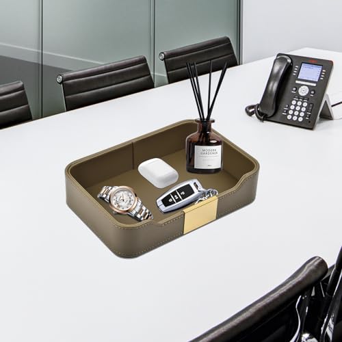 Luxury Leather Valet Tray Desktop Storage Organizer,Bedside Vanity Catchall Tray Nightstand Caddy Holder for Cosmetic,Jewelry,Watch,Keys,Phone,Wallet,Remote Controller,Pen,Olive Green - color: Olive Green