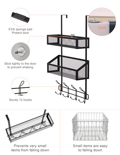Over The Door Hooks Organizer Storage - Over The Door Hanger for Coat Rack, Storage with 12 Hook & 2 Mesh Baskets, for Bathroom,Bedroom,Kitchen,Office (2Tier Basket with 12 Hooks) - size: 3-Tier with 12 hooks