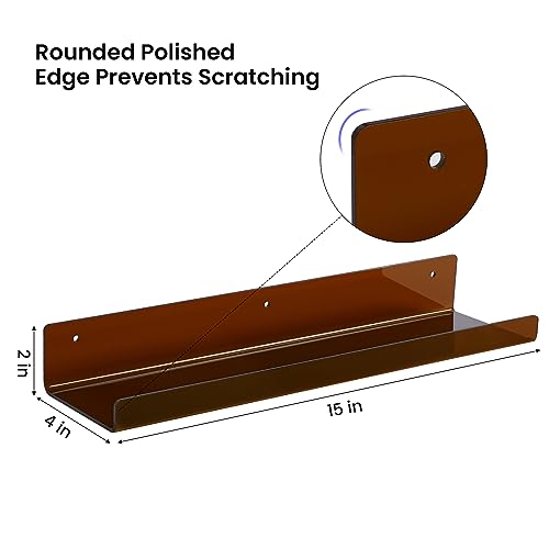 upsimples Acrylic Shelves for Wall Decor, 15" Display Shelf Perfume Organizer for Bathroom, Bedroom, Living Room, Floating Bookshelves for Kids, Clear Brown, 4 Pack - color: Brown