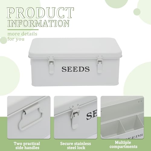 Seed Storage Organizer, 4 Compartment Seed Storage Box with Safety Lock, Metal Seed Box Seed Packet Container with 1 Pen, 12 Slots, 20 Plant Labels & 30 Seed Envelopes, White Gardening Gift - color: White Box with Slots