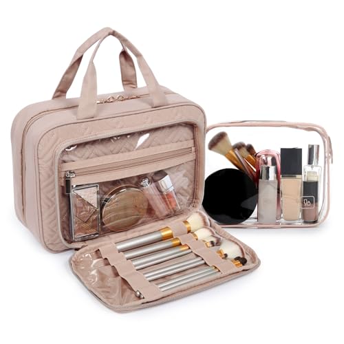 BAGSMART Toiletry Bag Hanging Travel Makeup Organizer with TSA Approved Transparent Cosmetic Bag Makeup Bag for Full Sized Toiletries, Medium-Pink - color: Pink, size: Standard