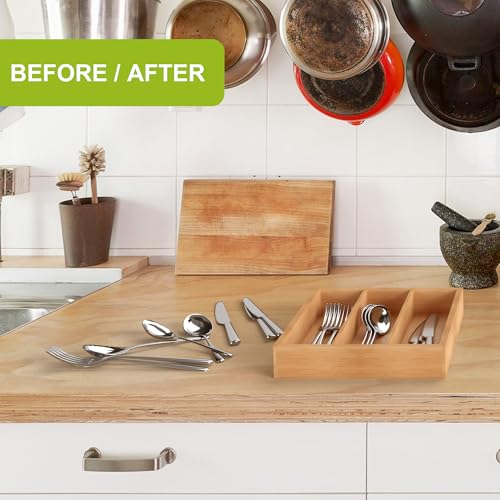 Unibambou Bamboo Utensil Drawer Organizer, Silverware Tray Organizer, Kitchen Drawer Organizer for Flatware Cutlery, (Natural, 3 Slots) - color: Natural, size: Small 8.5x10 Inch