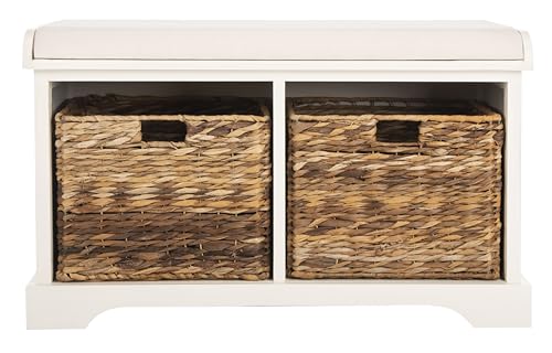 SAFAVIEH Home Collection – Freddy Vintage White Storage Bench with Wicker Baskets & Cushion, Entryway Seating Bench, Fully Assembled (AMH5736D) - color: Vintage White