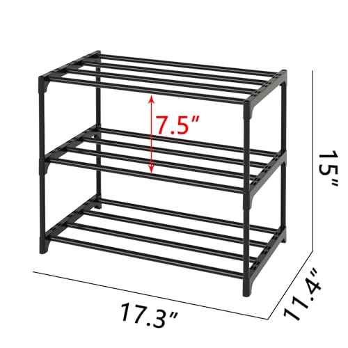 Small Stackable Shoe Rack,Narrow Kids Shoe Stand,Metal Shoe Storage Shelf for 6-8 Pairs of Shoes Entryway and Closet Hallway(3-Tier, Black) - color: Black, size: 3-Tier (no handle)