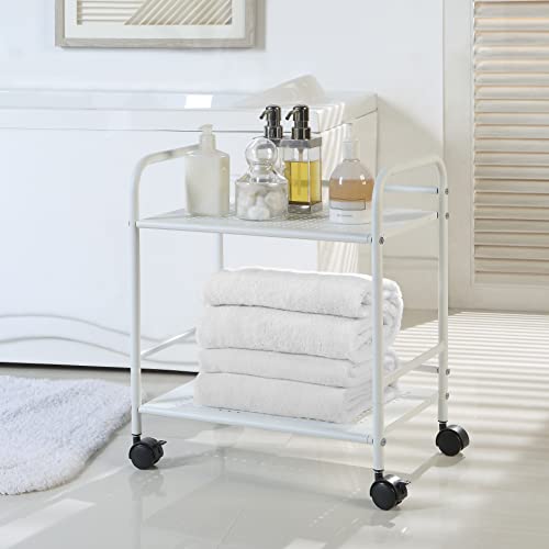 SunnyPoint 2-Tier Metal Rolling Utility Cart – Mobile Storage Shelf with Caster Wheels – Small Space Organizer for Home, Office, Bedroom, Kitchen (WHT) (Pack of 2) - color: Wht, size: 12" x 16.93" x 19.49" (Pack of 2)