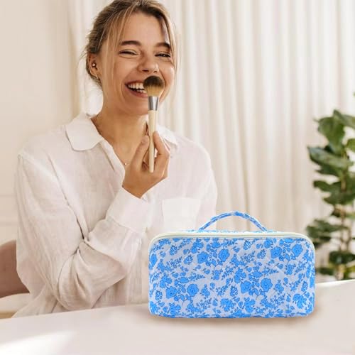 Blue Large Quilted Floral Makeup Bag Cute Coquette Aesthetic Cosmetic Bag Open Flat Travel Toiletry Make up Bag for Women - color: C-lay flat blue