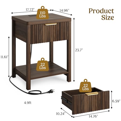 Lulive Fluted Modern Night Stand, Nightstand with Charging Station, Wood Modern Bedside End Table with Storage Drawer for Bedroom, Save Space (Set of 1, Walnut) - color: Walnut, size: 1 Drawer-Set of 1 Nightstand