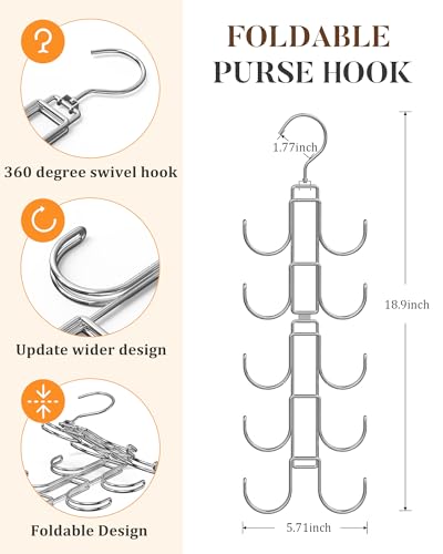 Purse Hanger for Closet, 360 Degree Purse Organizer with 10 Hooks Bag Handbag Hanger Hooks for Purse Hanging, Durable Purse Display Rack Space-Saving Bag Organizer for Women
