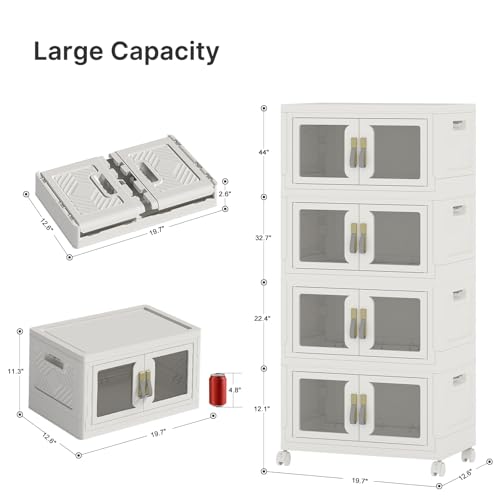 UAMFURI Stackable Storage Bins with Lids, Clear Doors, Large Storage Cabinet Foldable Collapsible Closet Organizers for Bedroom Dorm Office (4, White, 48, Quarts) - color: White