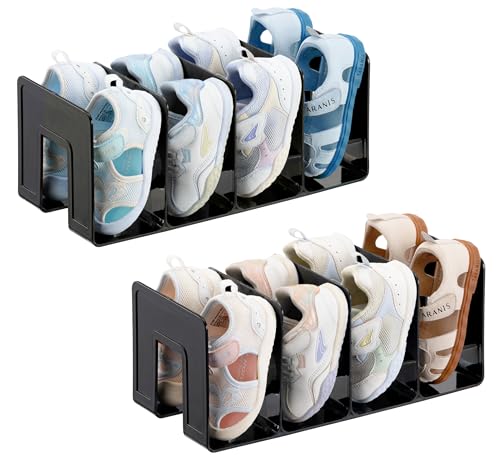 HBlife Black Acrylic Kids Shoe Rack for Closet Organizers and Storage, Small Shoe Rack 4 Sections Toddler Baby Shoe Storage Organizer Stackable Shoe Shelf,Desk File Sorter Book Purse Organizer(2 Pack) - color: Black, size: 2 Pack
