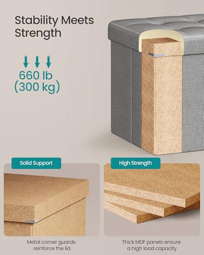 SONGMICS MAZIE Collection - 30 Inches Folding Storage Ottoman Bench, Ottoman Foot Rest, End of Bed Bench, Storage Chest, Load 660 lb, for Living Room, Bedroom, Entryway, Light Gray ULSF47G - color: Light Gray, size: 15"D x 30"W x 15"H