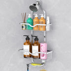 Kadolina Shower Caddy Hanging, Bathroom Shower Rack, Bathroom Organizer with Soap Dish, Over The Showerhead Caddy with Hooks for Razor/Sponge, Bright Silver (Assembly Required) - color: Bright Silver