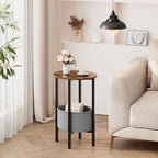 Vagusicc Round Side Table End Table with Storage Basket, Small Side Table Round Nightstand for Small Spaces, Tall Oval End Table with Steel Frame, Coffee Bedside Table for Living Room, Rustic Brown - color: Rustic Brown