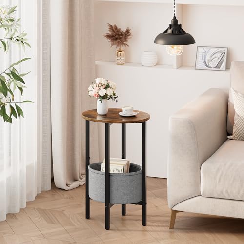 Vagusicc Round Side Table End Table with Storage Basket, Small Side Table Round Nightstand for Small Spaces, Tall Oval End Table with Steel Frame, Coffee Bedside Table for Living Room, Rustic Brown - color: Rustic Brown