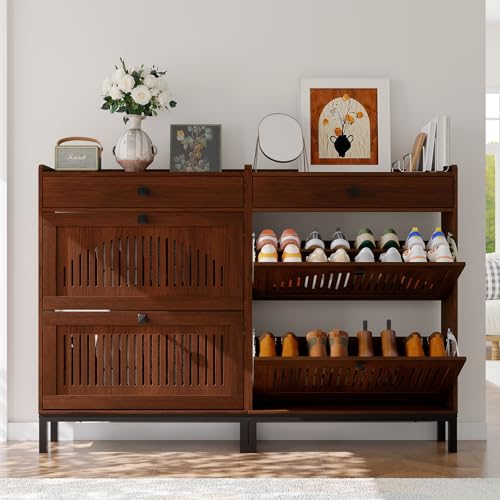 2-Door Flip Front Shoe Cabinet with Adjustable Shelves – Hidden Entryway Storage Organizer for Hallway, Foyer, Living Room – Freestanding Wooden Shoe Rack with Large Capacity & Modern Design, Walnut - color: Walnut, size: 9.45"D x 31.4"W x 43.4"H