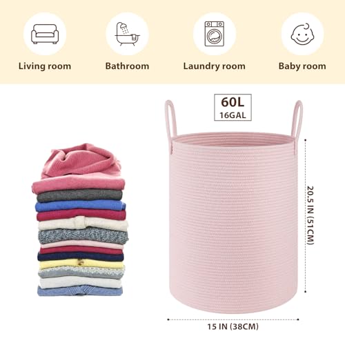 OIAHOMY Large Laundry Basket Hamper - 60L Cotton Rope Woven Basket for Blankets, Toys, Clothes - Tall Decorative Nursery Hamper with Long Handles, Pink - color: Pink, size: 60L