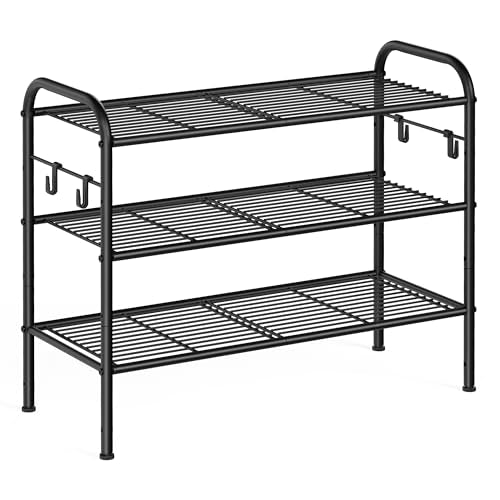 SONGMICS Shoe Rack, 3-Tier Shoe Organizer, Metal Shoe Shelf Storage with 4 Side Hooks, Holds 12 Pairs of Shoes, Height-Adjustable Shoe Rack for Entryway, Hallway, Closet, Ink Black ULMR068B01 - color: Ink Black, size: 3 Tiers (26.7"W)